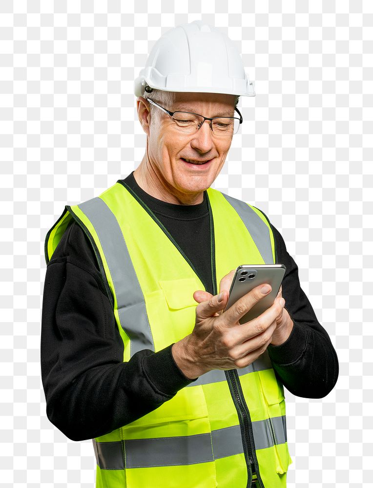 Male engineer png mockup working on phone