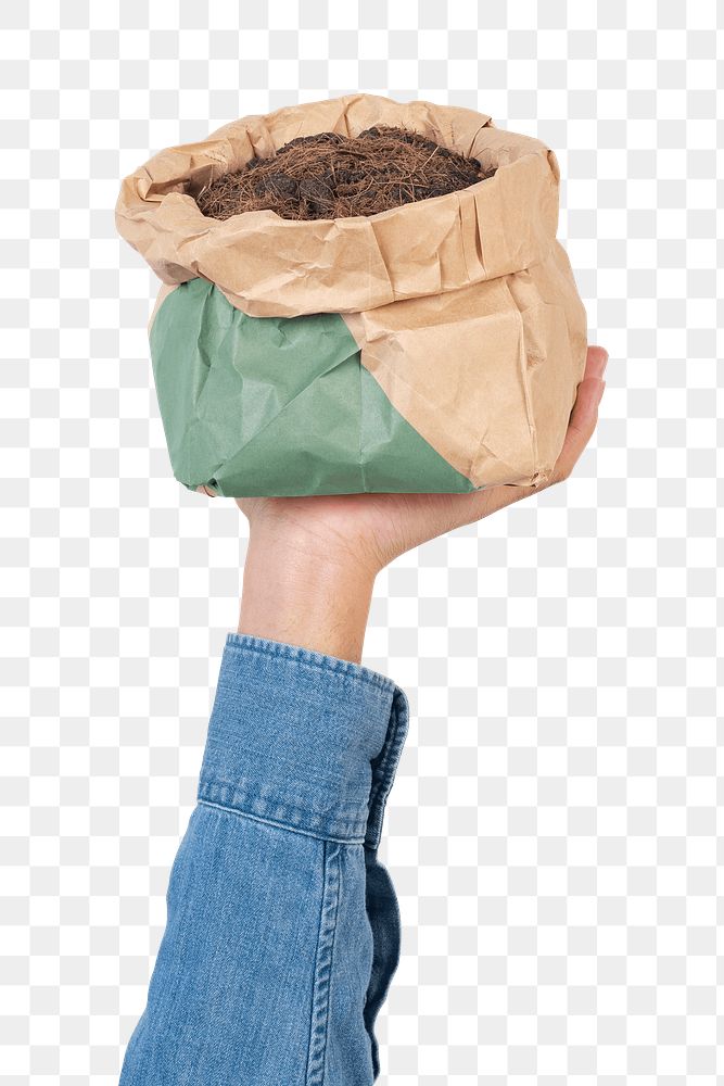 Png hand mockup holding kraft paper plant pot green packaging