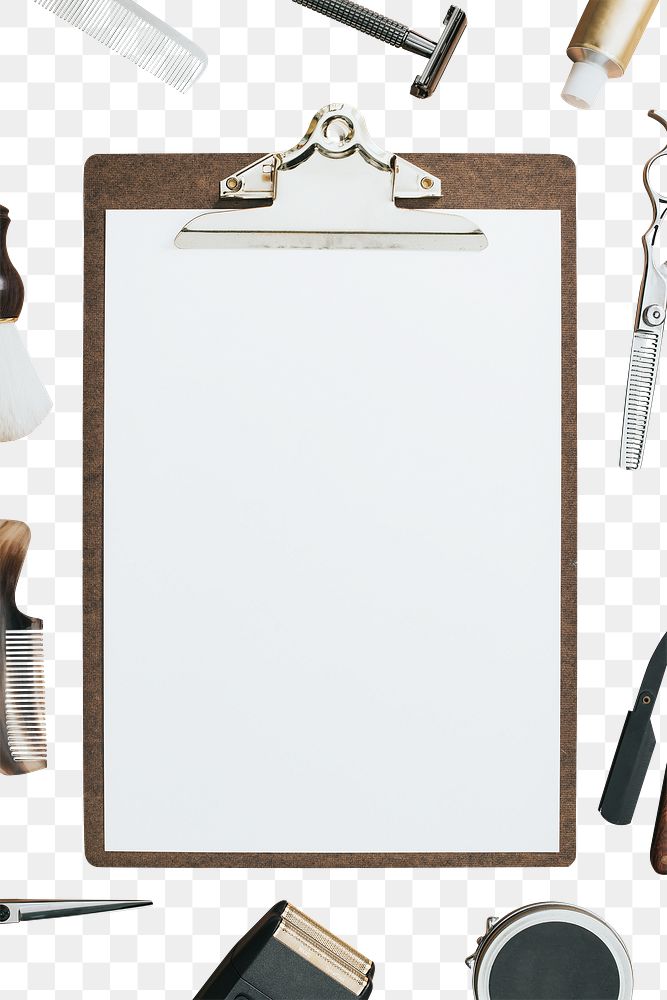 Blank paper png on clipboard  flat lay with barber tools job and career concept