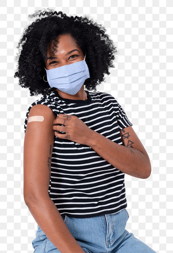 Png Vaccinated African woman presenting shoulder