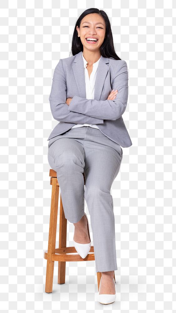 Png Cheerful businesswoman sitting mockup on a wooden stool jobs and career campaign