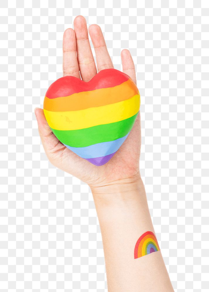 Png LGBTQ+ community heart mockup with hands presenting