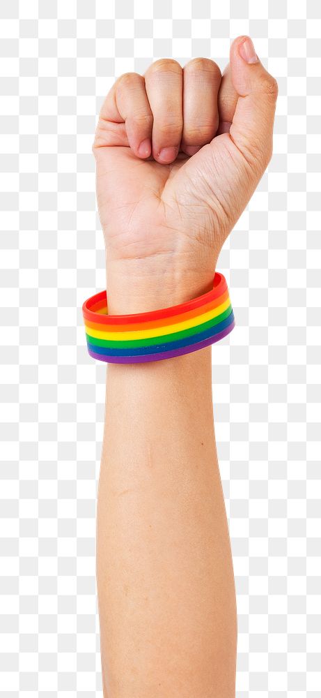 Png LGBTQ+ pride bracelet mockup with fist in the air