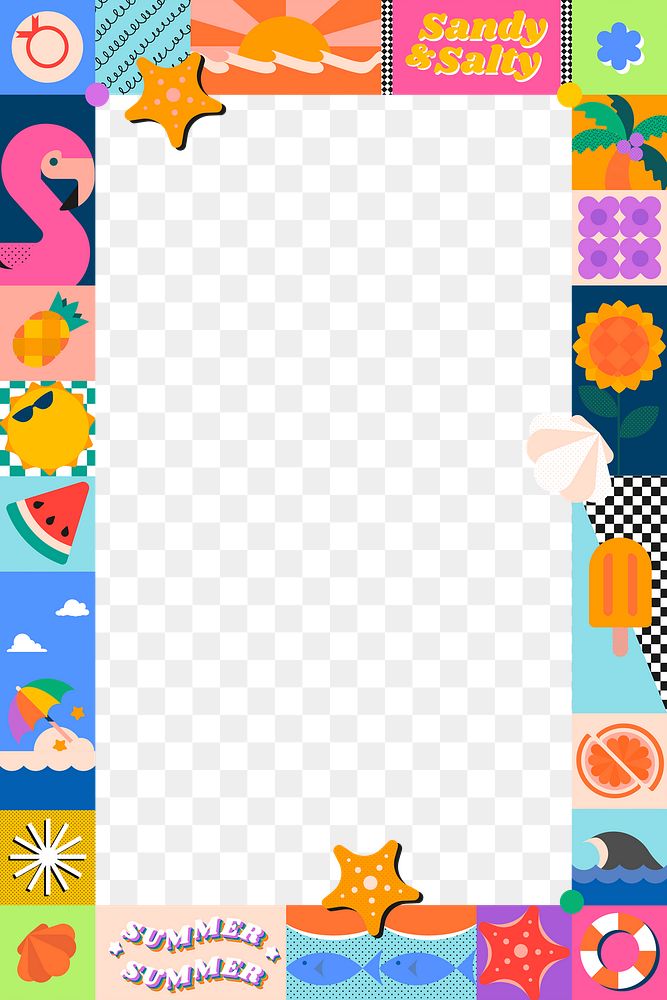 Funky beach png doodle frame, colorful design, transparent background