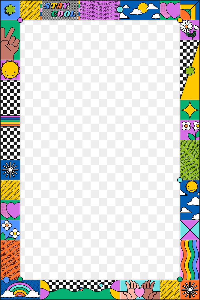 90s png frame, cool colorful border, transparent background