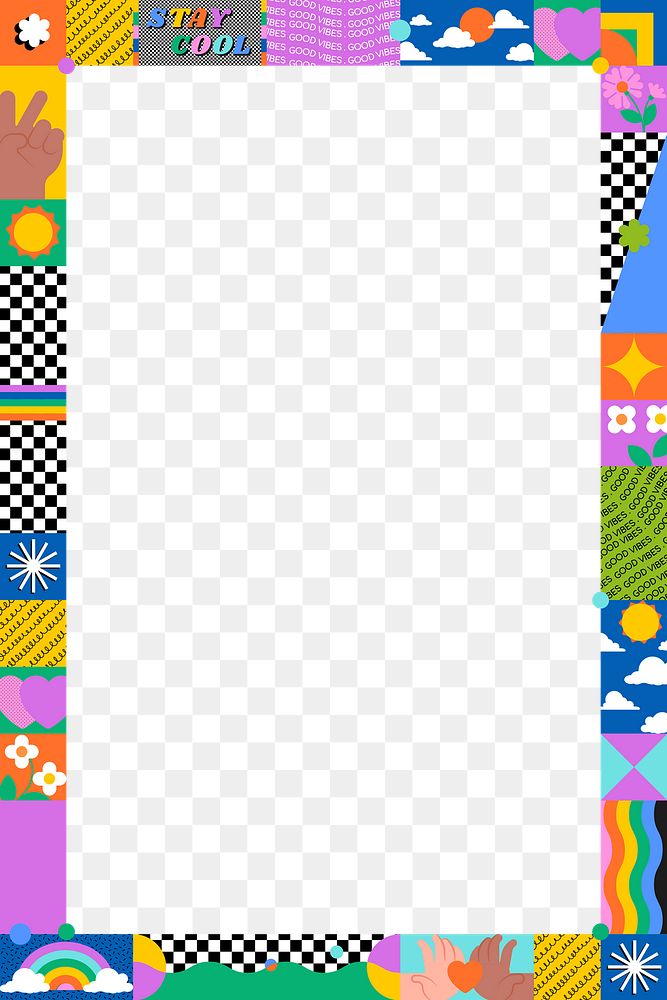 90s png frame, cool colorful border, transparent background