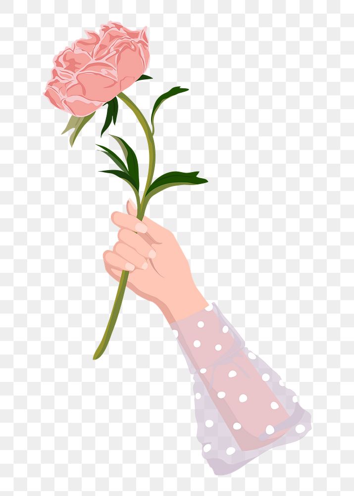 Hand holding flower png, peony in pink illustration on transparent background