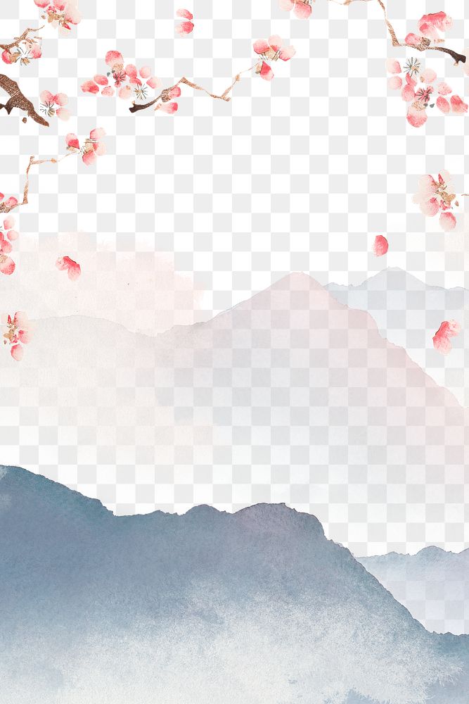 Japanese floral png, transparent background, watercolor mountain landscape illustration