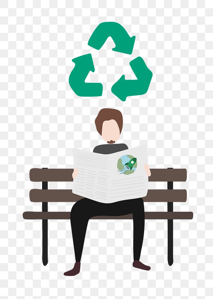 Man reading newspaper png clipart, recycling symbol, environment illustration