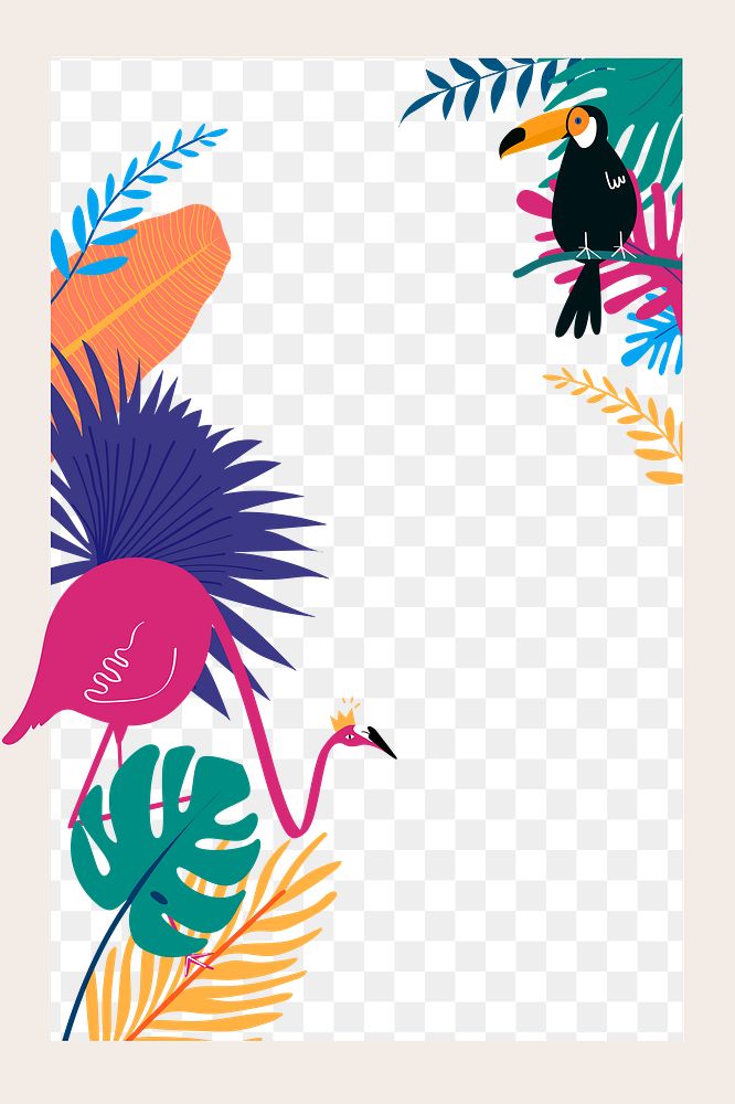 Colorful botanical frame png with tropical flamingo and toucan birds, transparent background 