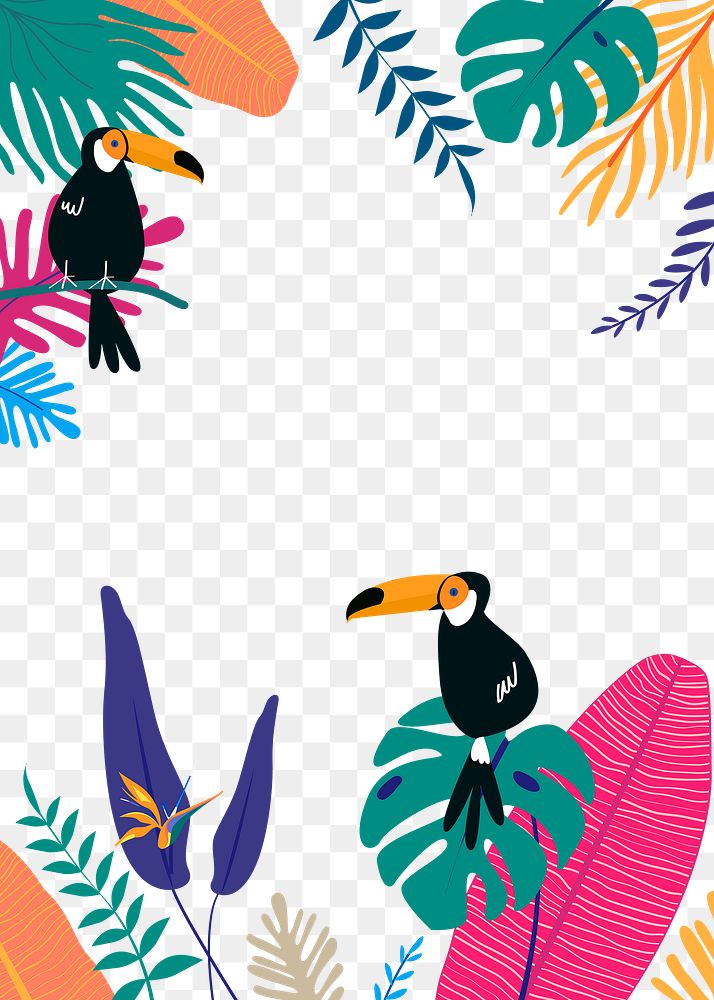 Colorful botanical frame png with tropical leaves and toucan birds, transparent background 