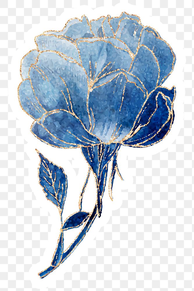 Blue peony flower sticker overlay with gold elements 