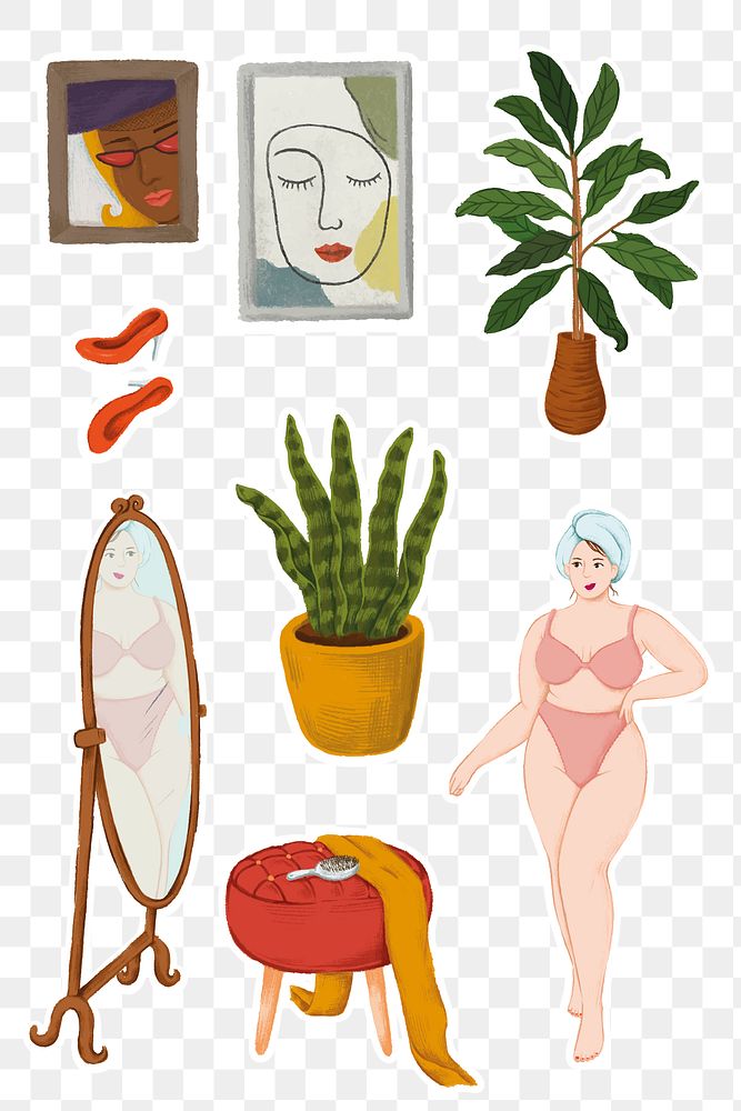 Daily routine life of a girl in lingerie after shower and home stuffs sticker