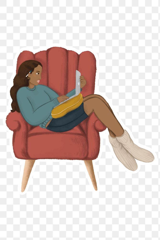Black girl leaning on armchair using laptop sticker
