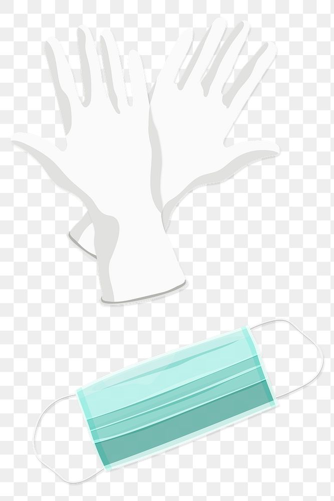 Green disposable surgical mask and white gloves transparent png