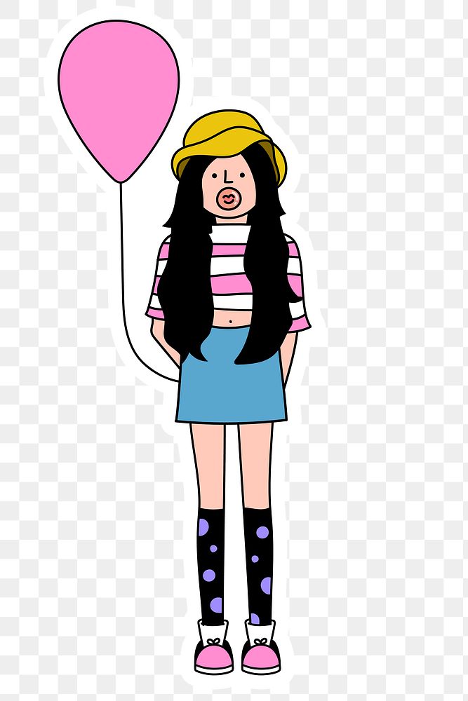 Fashionable black haired girl with a pink balloon sticker with a white border design element