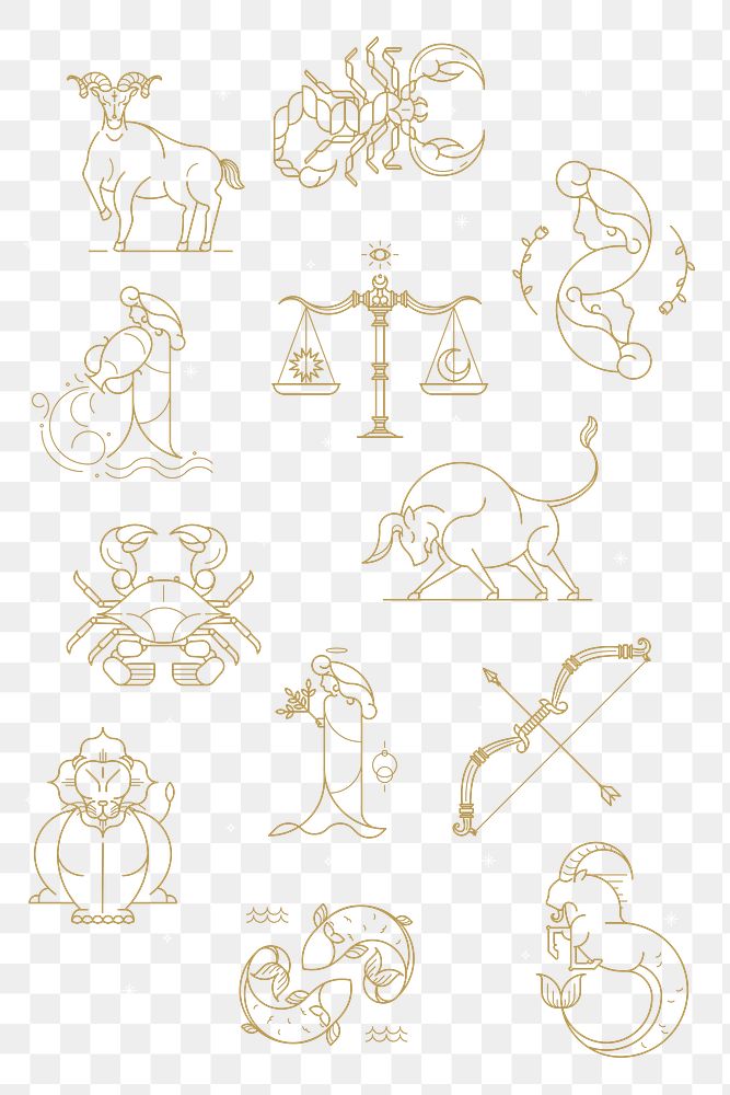 Golden zodiac signs design element set