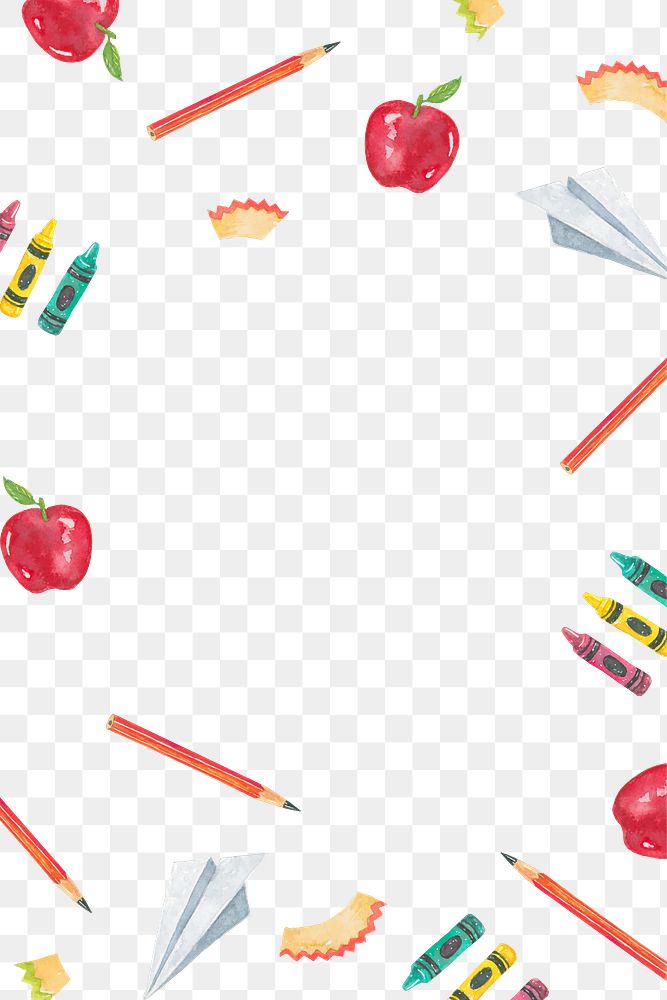 PNG watercolor frame with school objects and apple