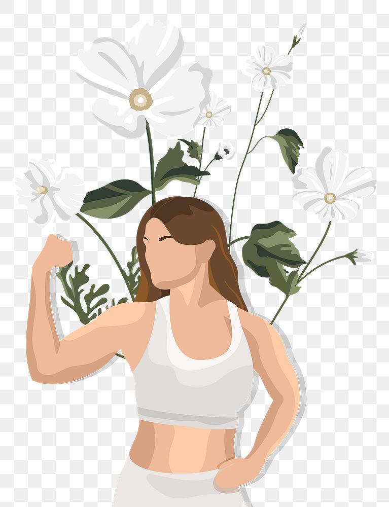Healthy woman png flexing muscles floral and minimal style
