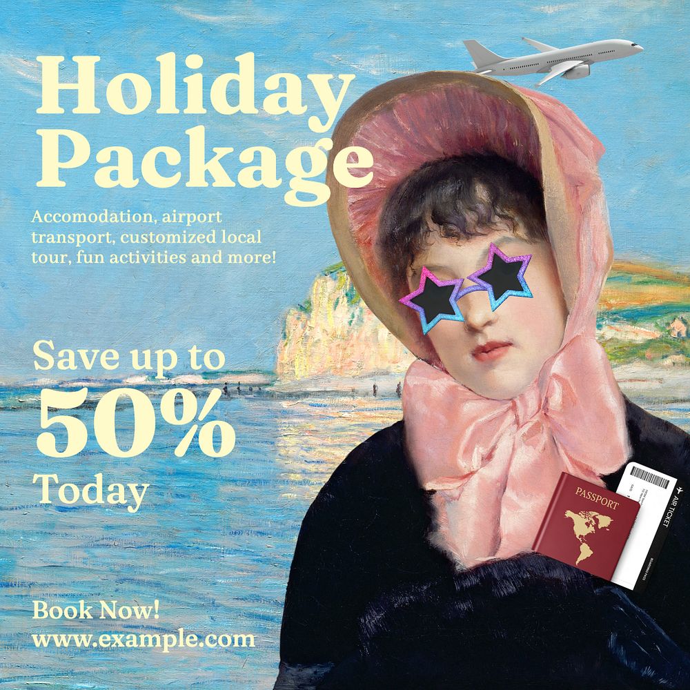 Vintage travel Instagram post template, holiday package, Jacques-Emile Blanche's and Claude Monet's famous artworks remixed…