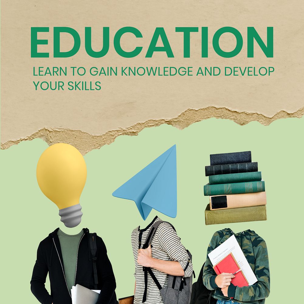 Education social media post template, creative head remixed media