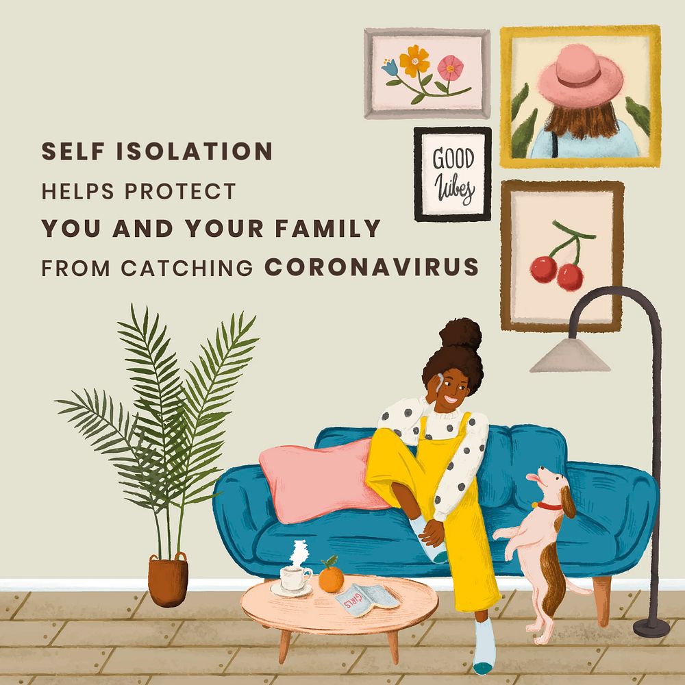 Covid-19 self isolation Instagram post template, editable design