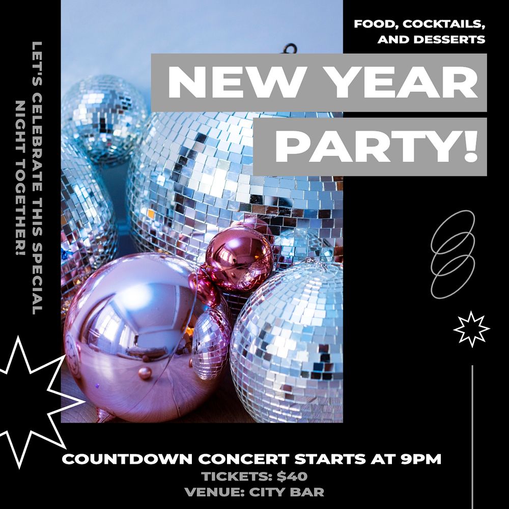 New Year party Facebook post template, editable social media ad