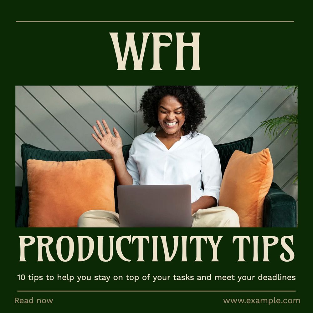 WFH productivity tips Facebook post template, editable social media ad