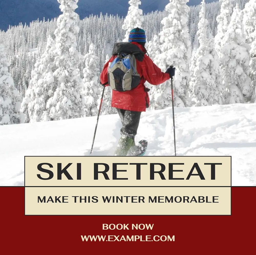 Ski retreat Facebook post template, editable social media ad