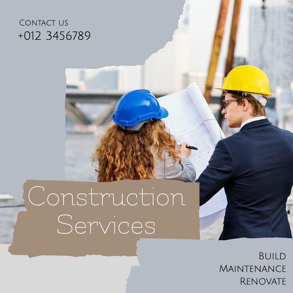 Construction services Instagram post template, editable social media ad