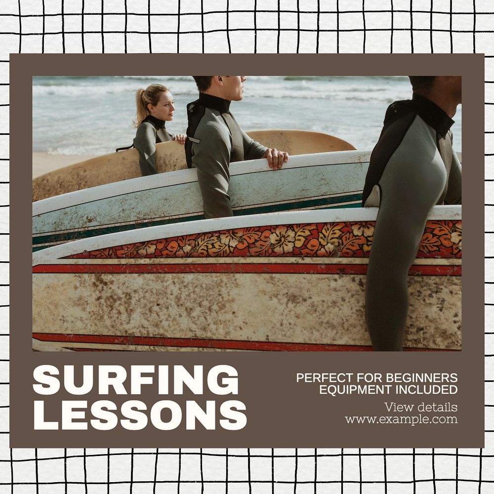 Surfing lessons Instagram post template, editable design