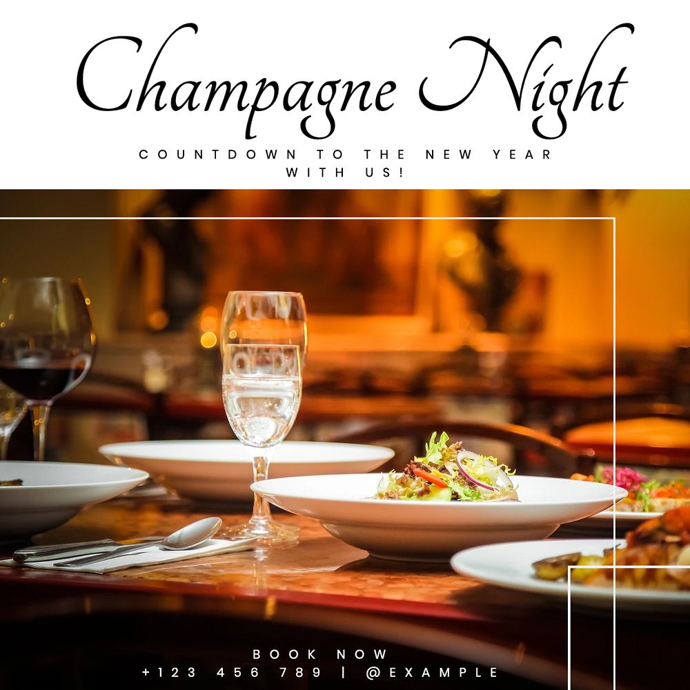 Champagne night post template, editable text for social media