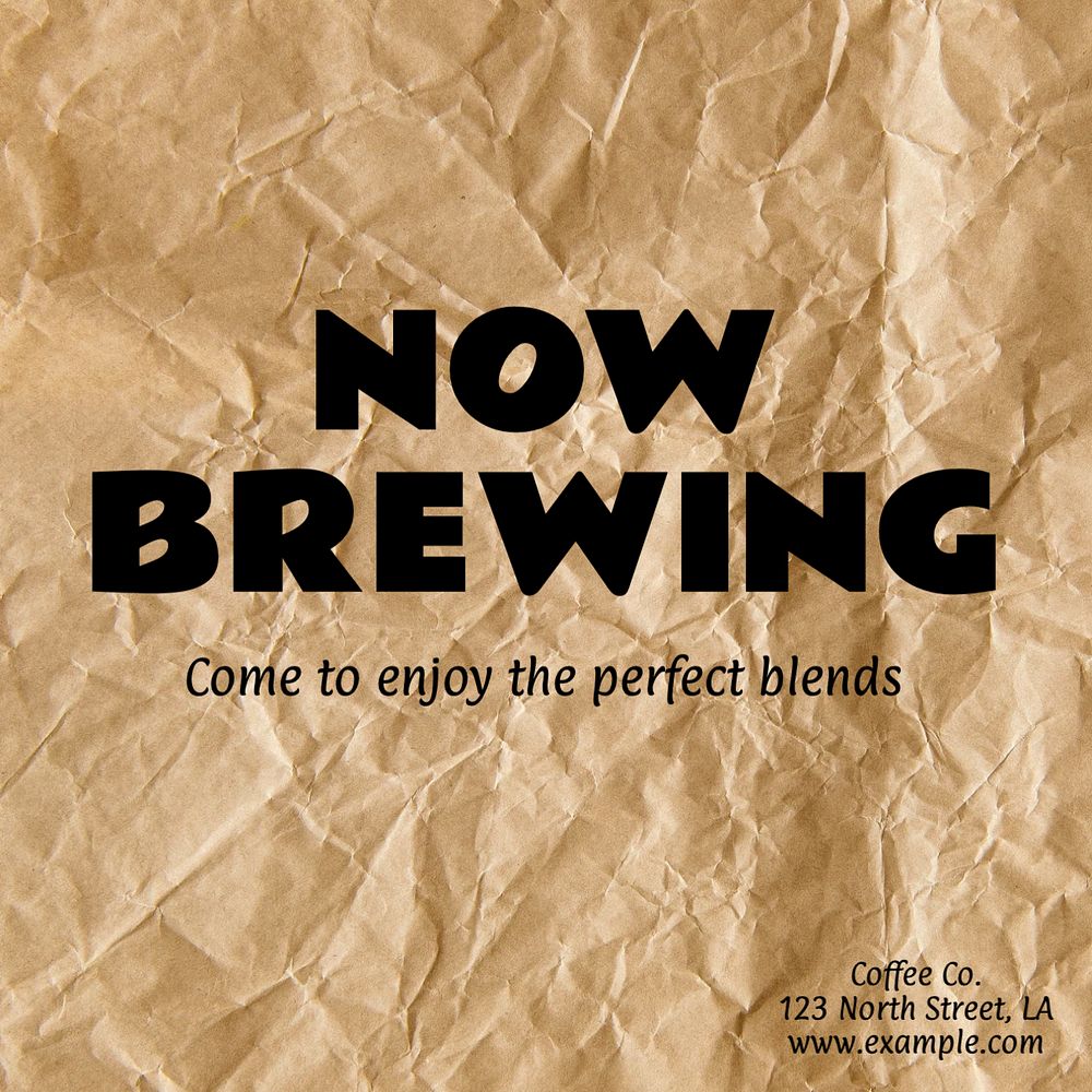 Now brewing, cafe Instagram post template, editable text