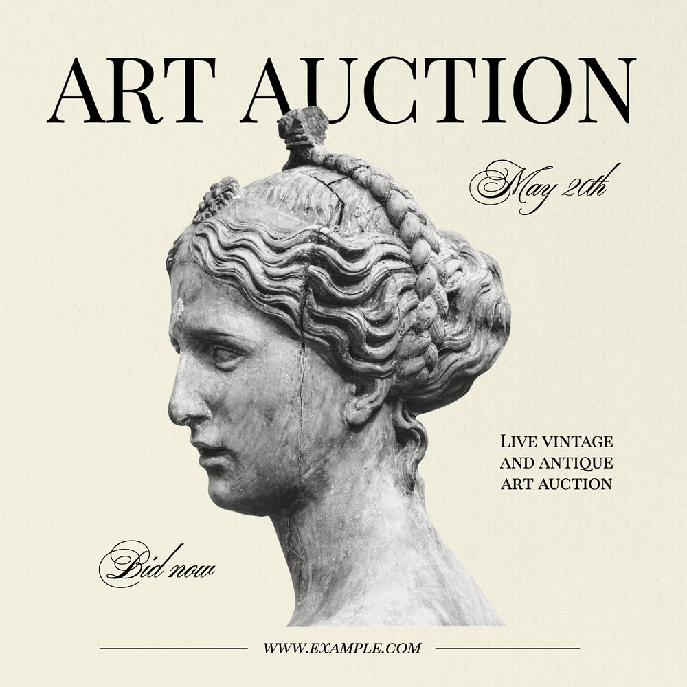 Art auction Instagram post template, editable text