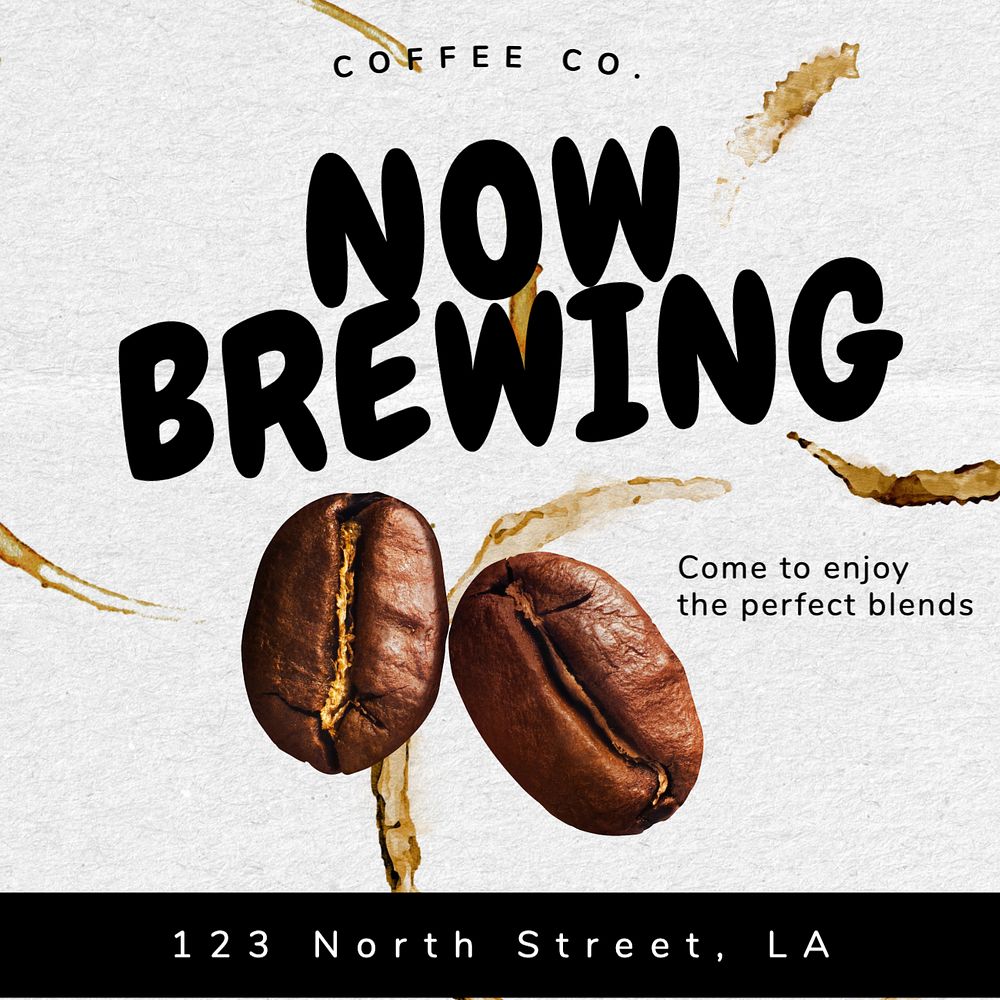 Now brewing, cafe Instagram post template, editable text