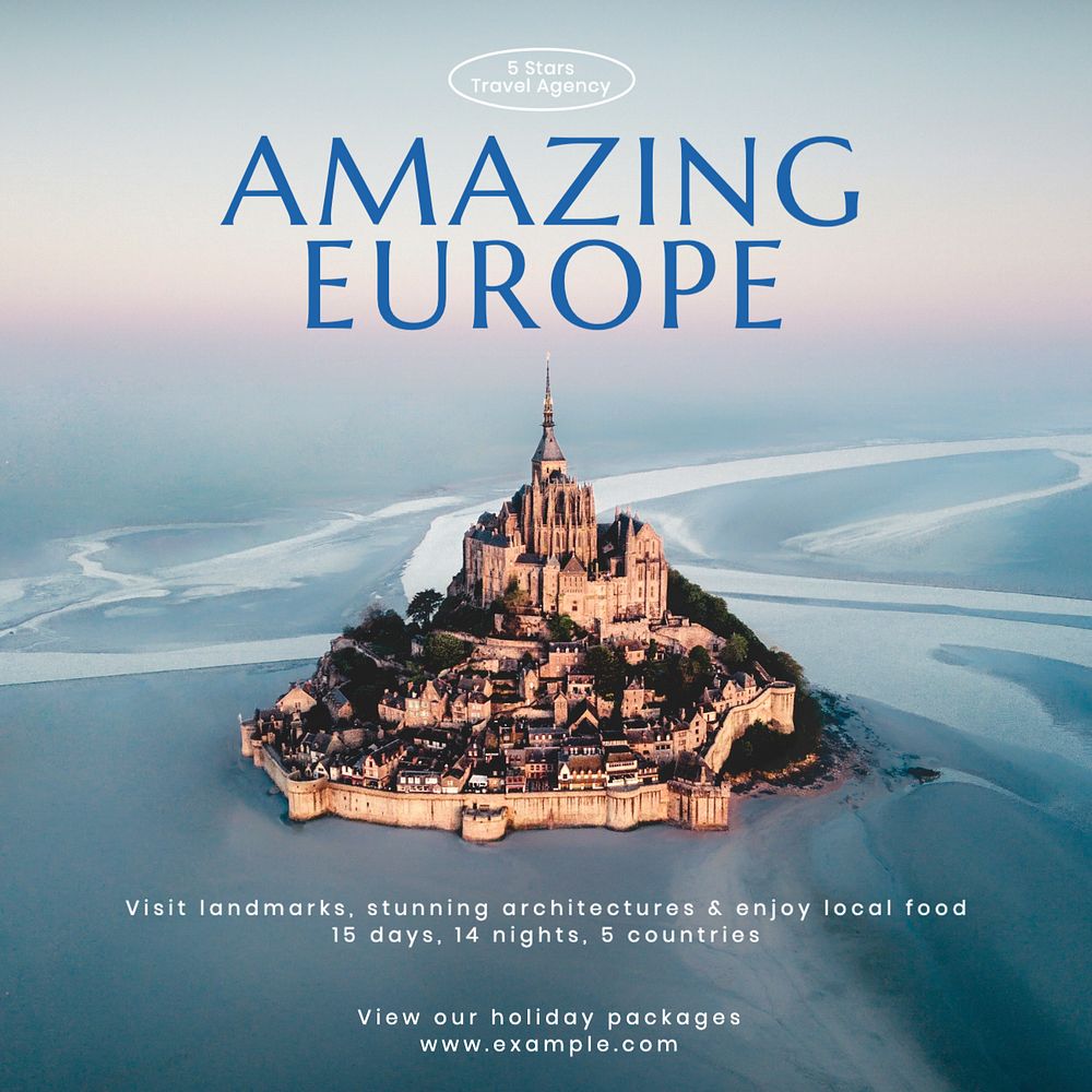 Europe trip Instagram post template, editable text