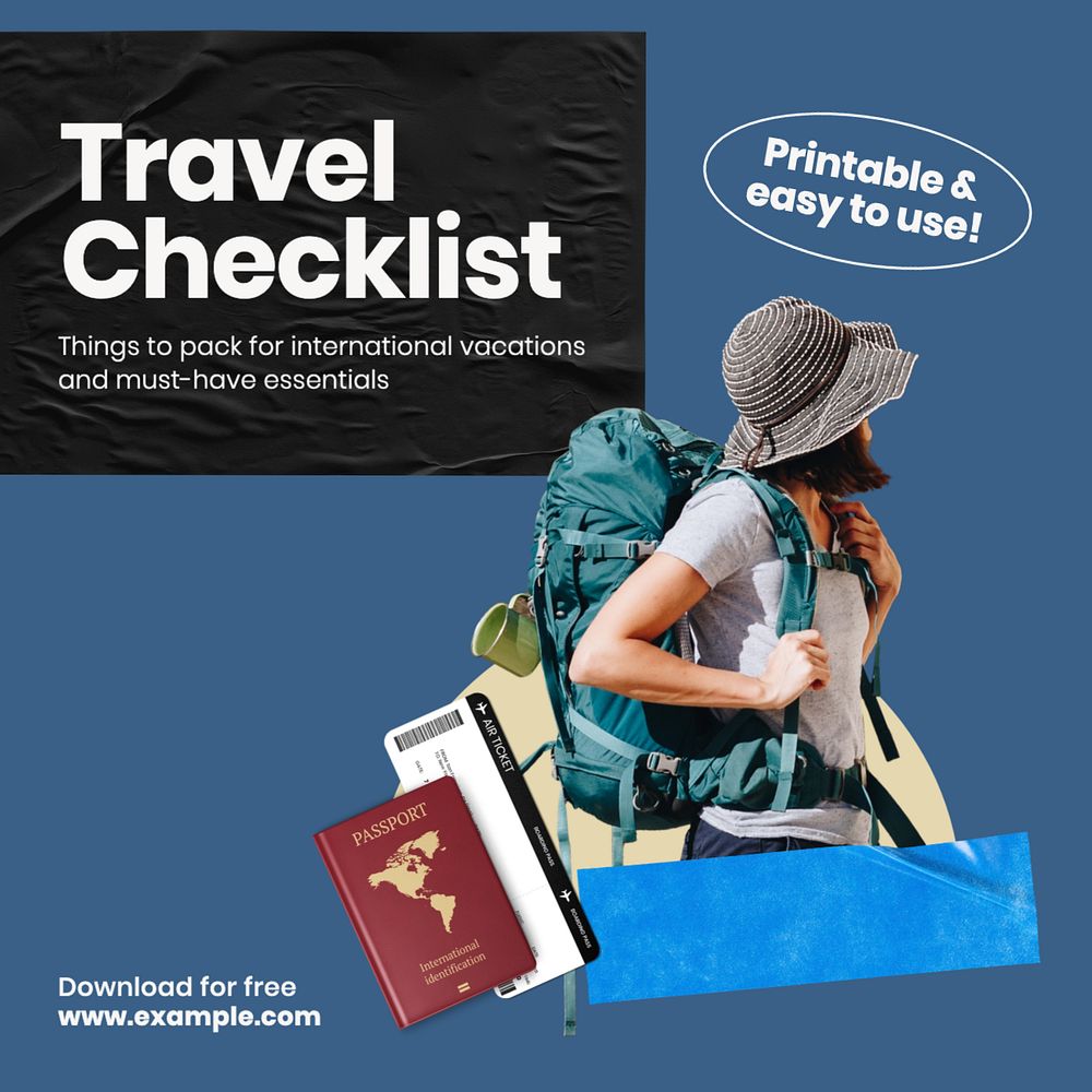 Travel checklist Instagram post template, editable text