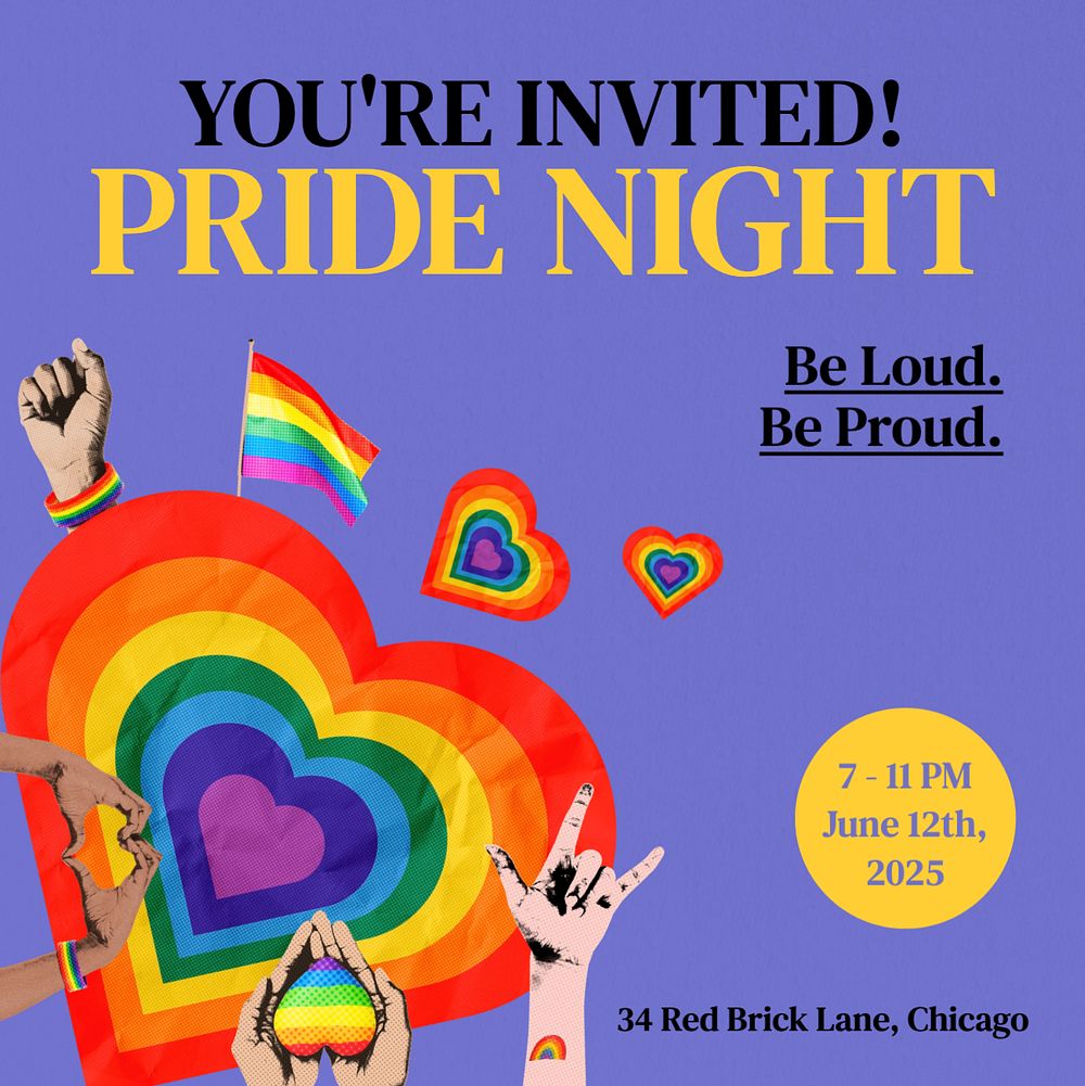 Pride night Instagram post template, editable text