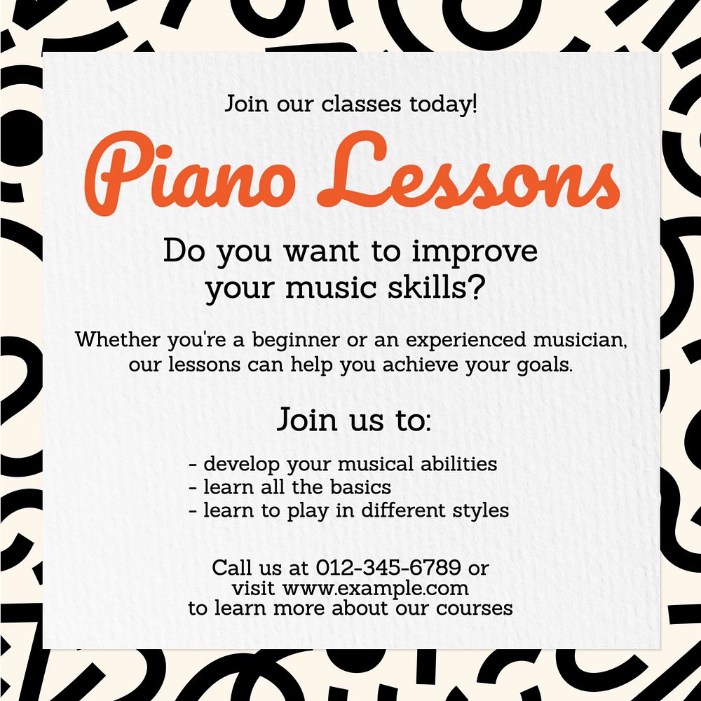 Piano lessons Instagram post template, editable design