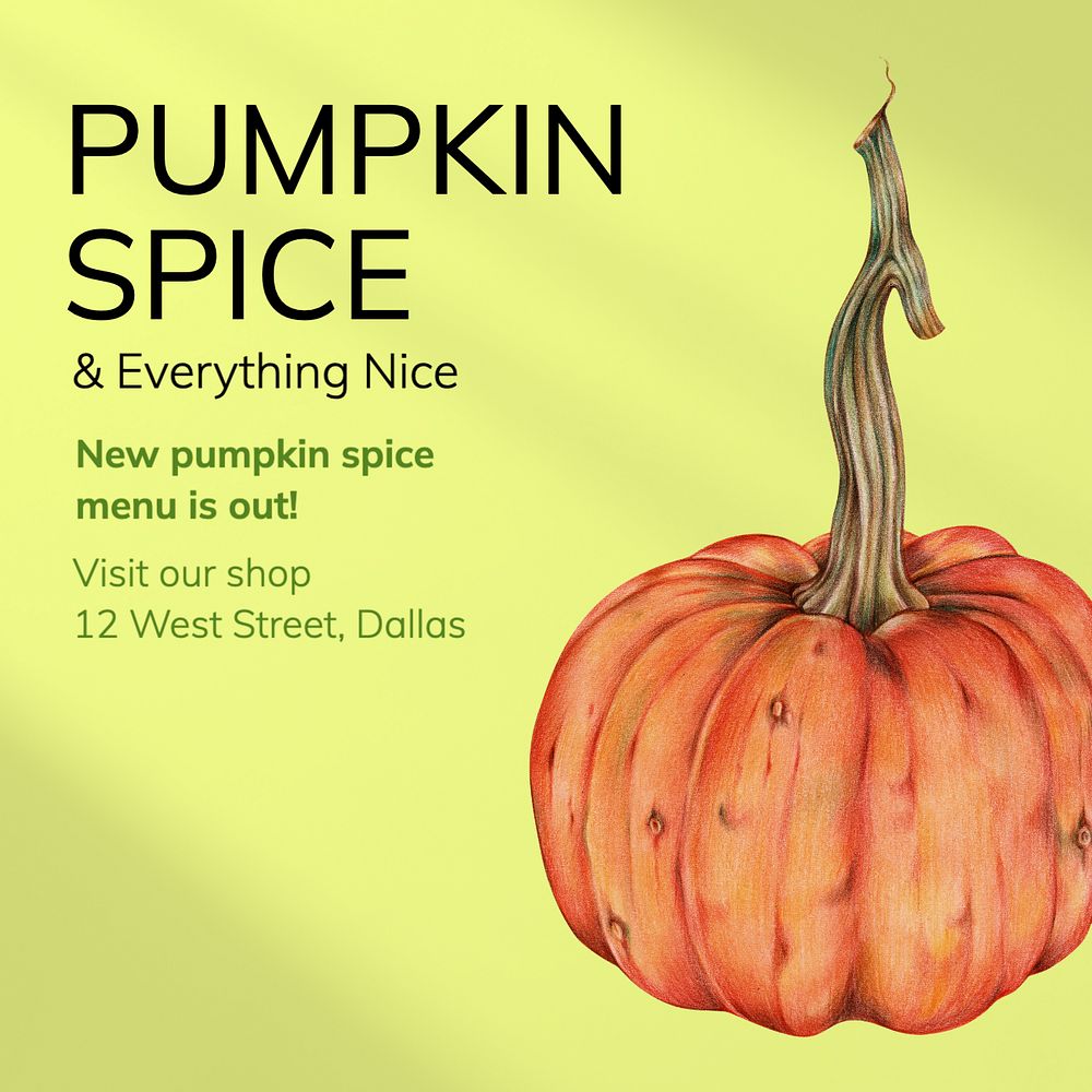 Pumpkin spice menu Instagram post template, editable text