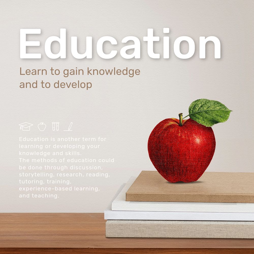 Education Instagram post template, apple on stacked books