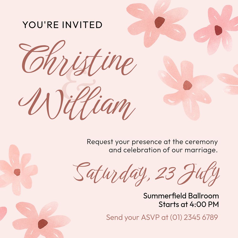 Floral wedding Instagram post editable template, pink Spring aesthetic