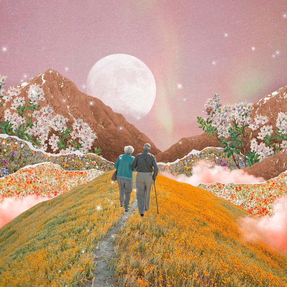 Old couple collage art, walking in surreal nature