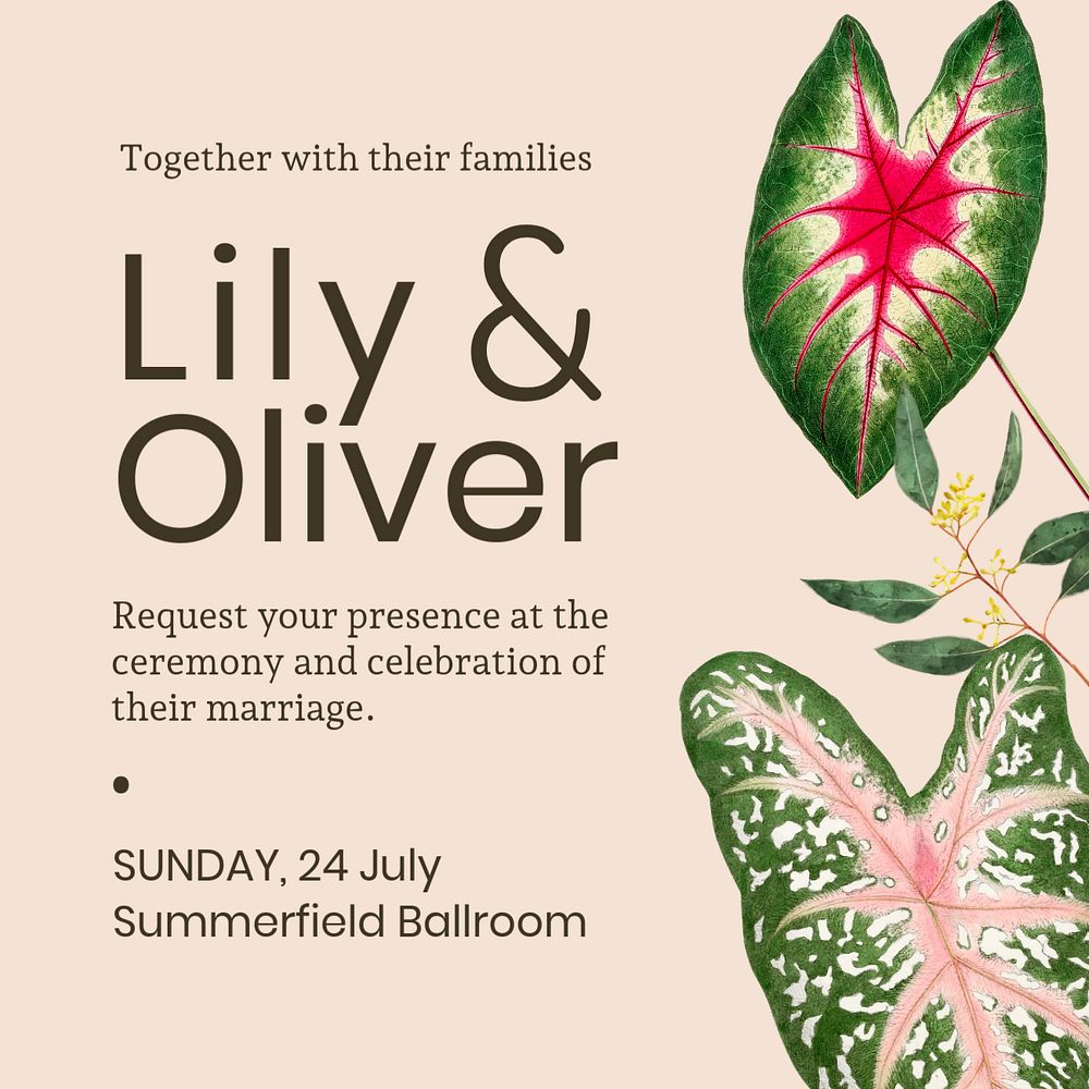 Botanical wedding Instagram post template, aesthetic design