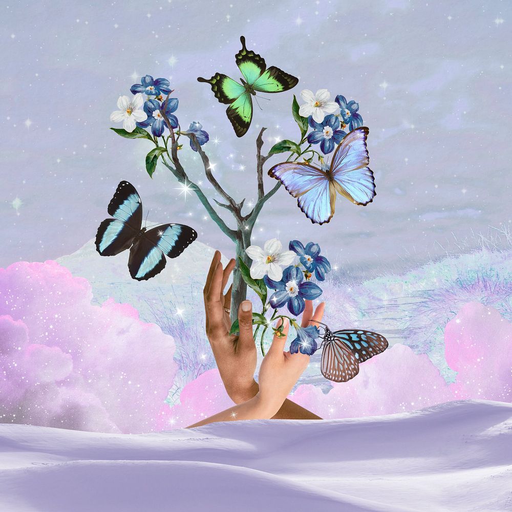 Surreal collage art social story, butterflies and tree design