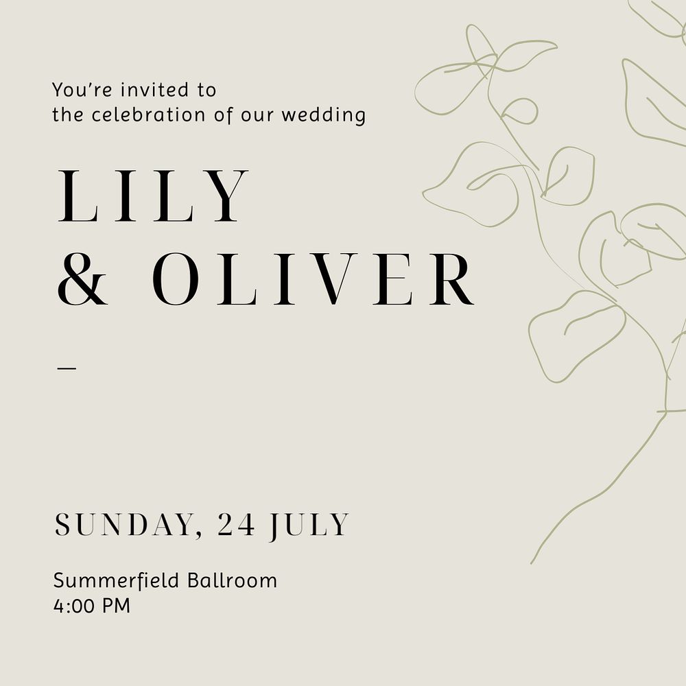 Minimal wedding Instagram post template, line art design