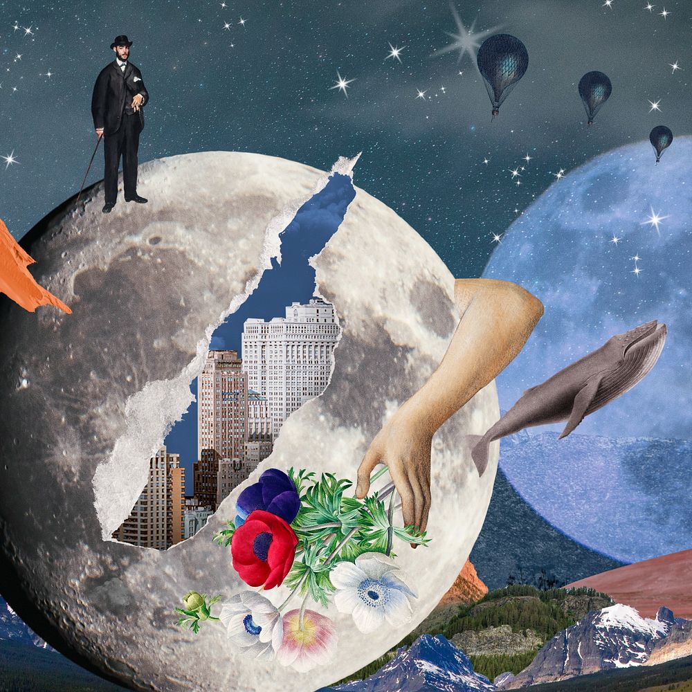 Surreal space collage background, nature aesthetic