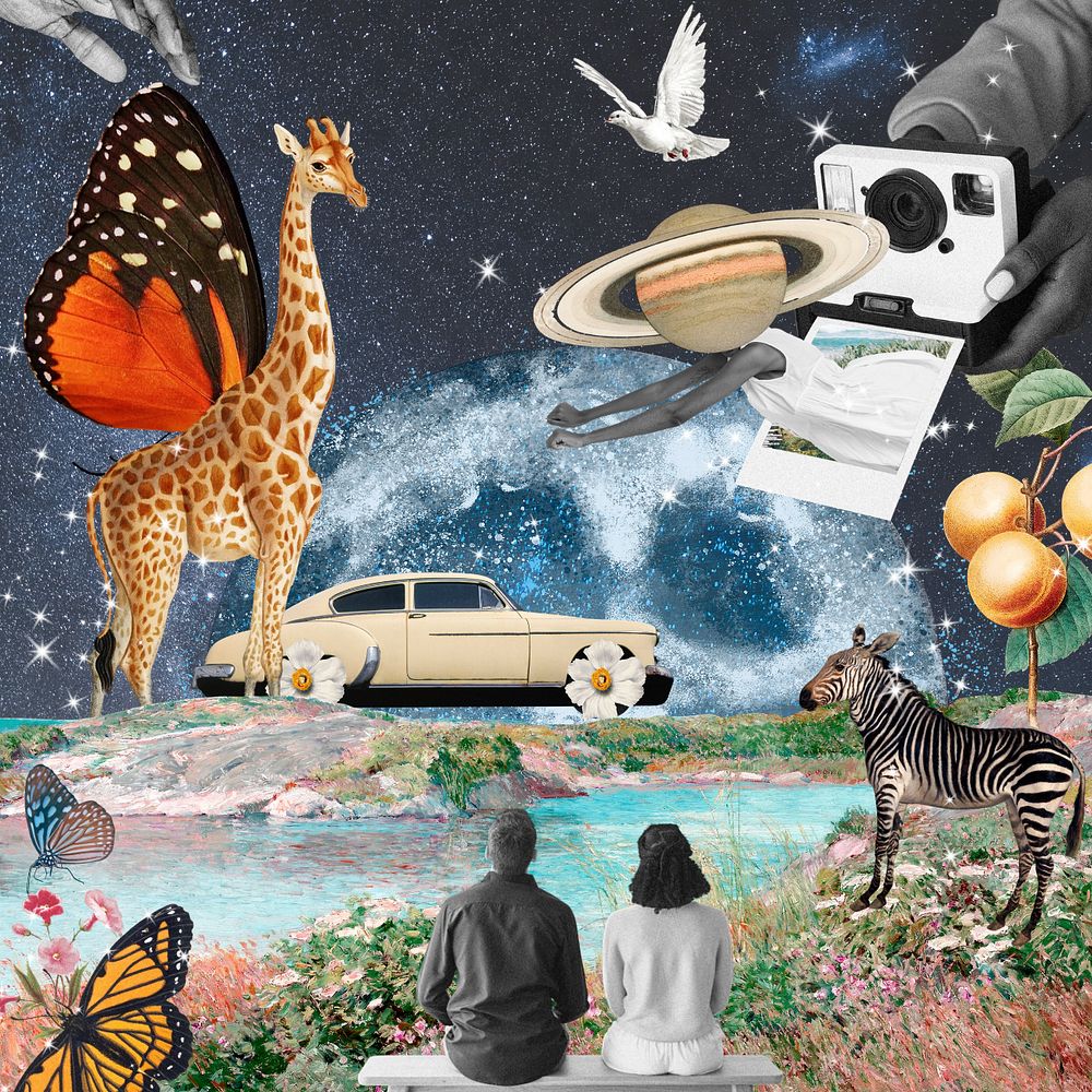 Aesthetic galaxy collage background, surrealism art