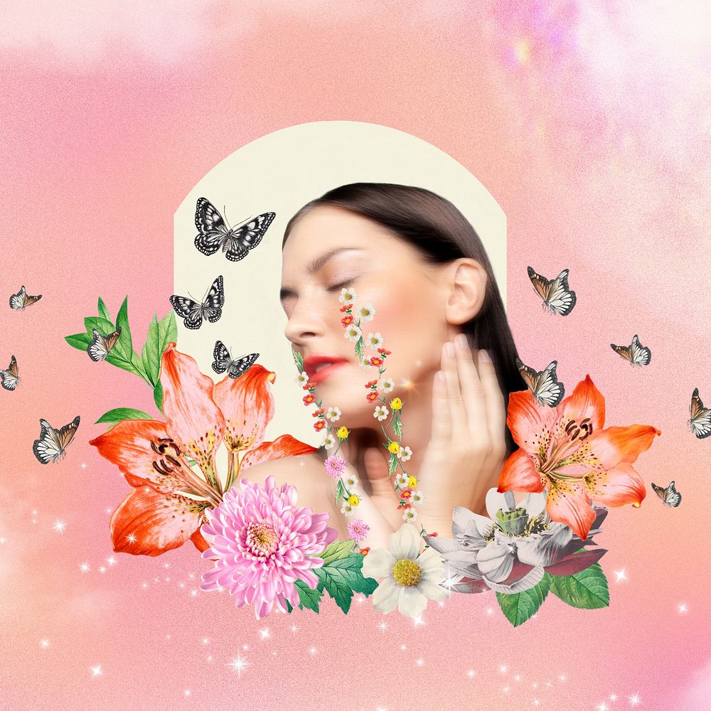 Self love background, floral face woman mixed media illustration