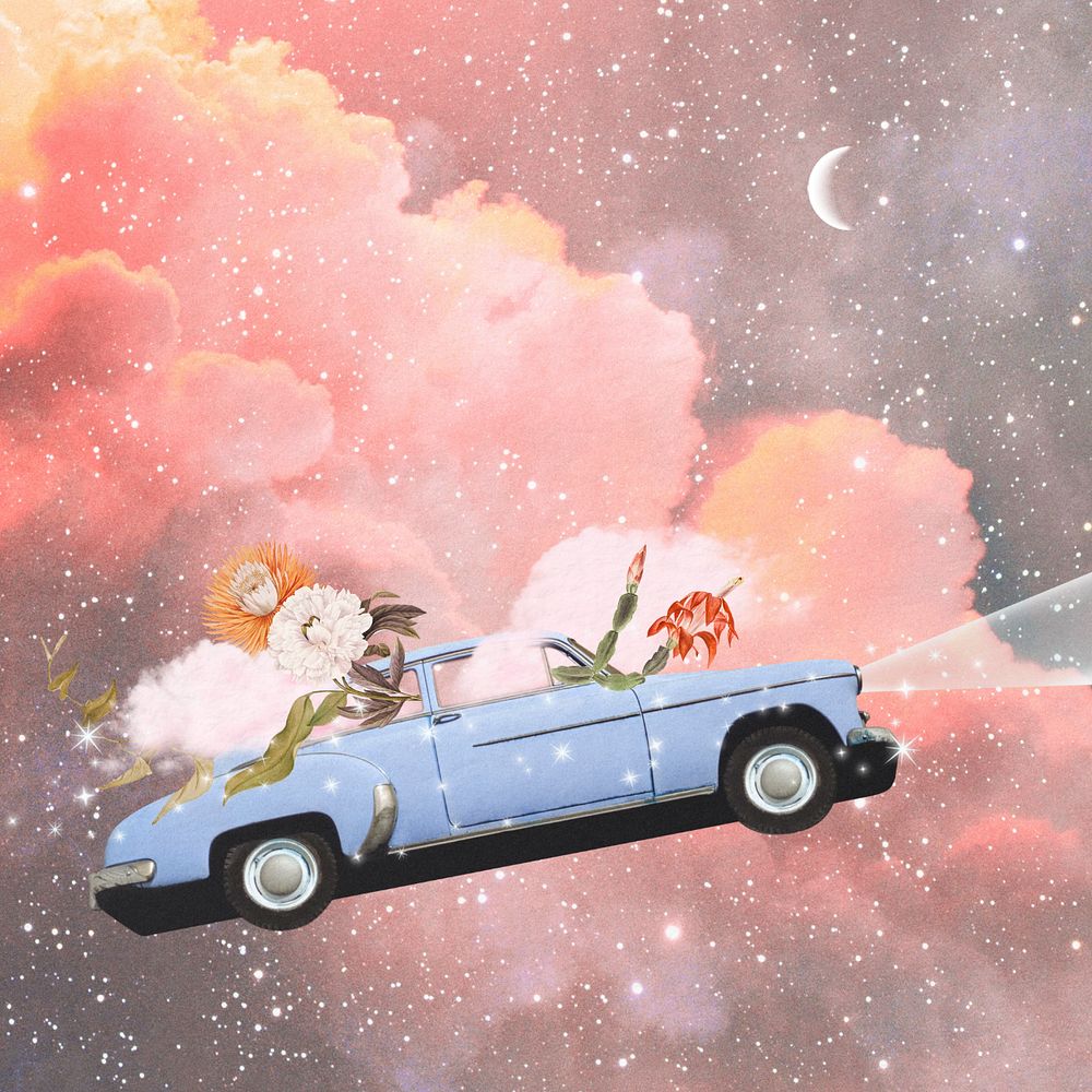 Vintage car editable background, pastel bling celestial design